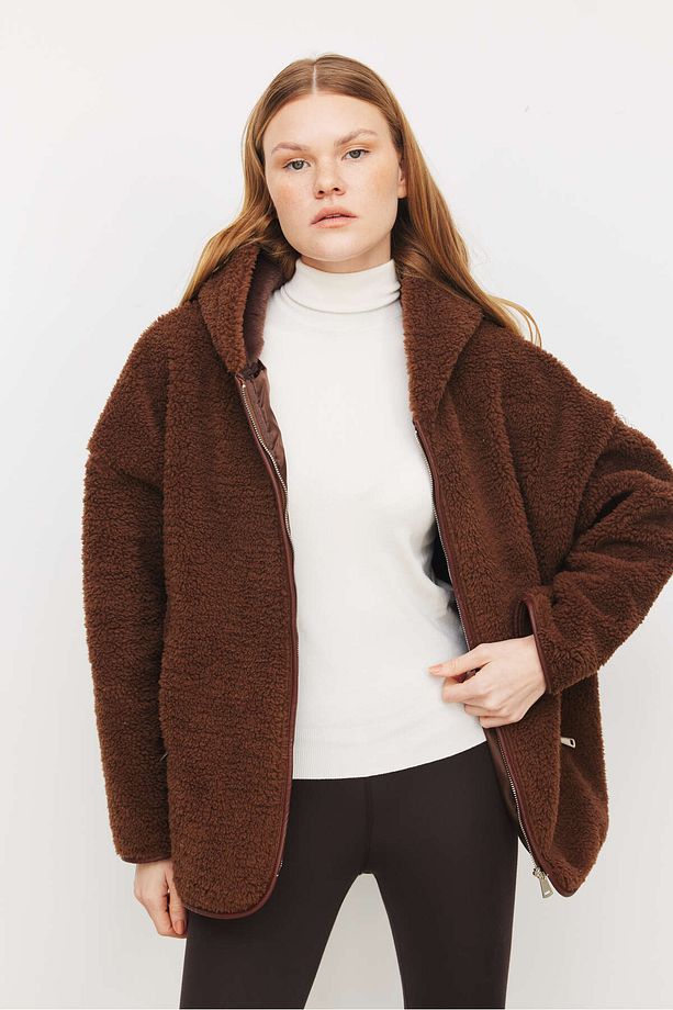 Oversize Suni Yün Kapüşonlu Polar Ceket - 2