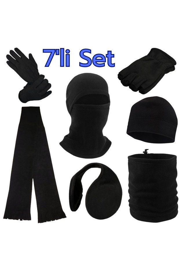 Men's Winter Fleece Fingered and Fingerless Gloves Scarf Beanie Neck Warmer Balaclava Ear Muffs Set of 7