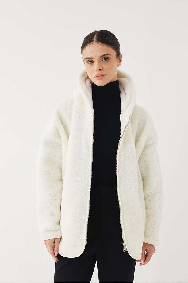 Oversize Suni Yün Kapüşonlu Polar Ceket - 5