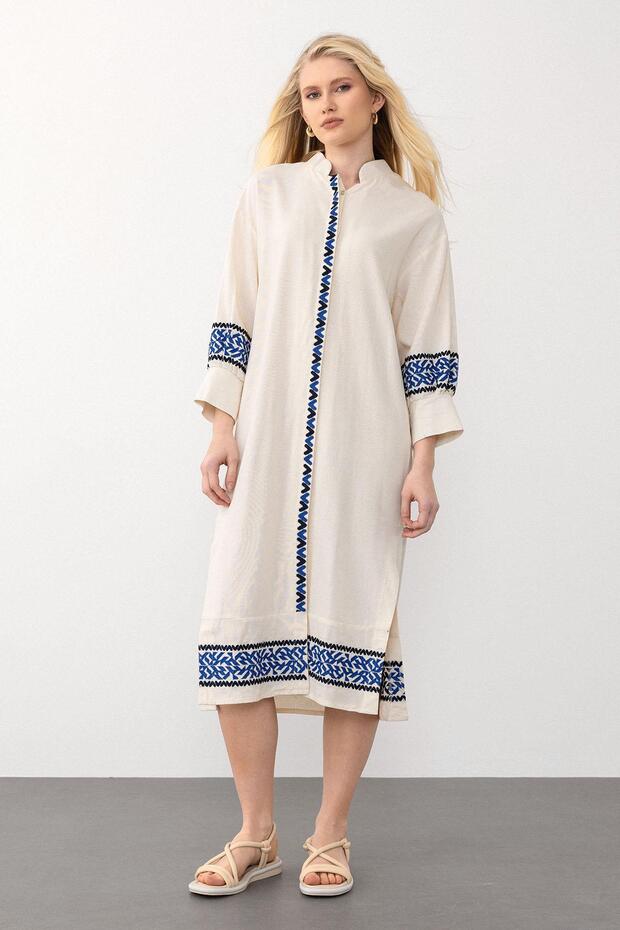 Side Slit Embroidery Poplin Dress Beige-Cobalt Blue 9291-E