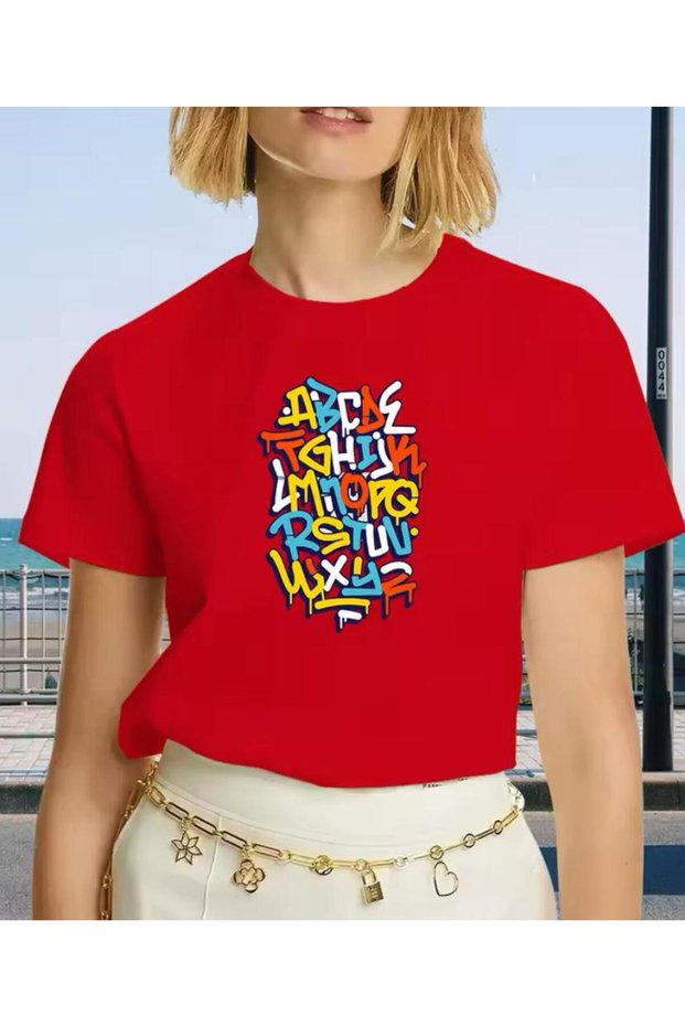 Colorful Alphabet Printed Women's Cotton Combed Crew Neck Red T-Shirt