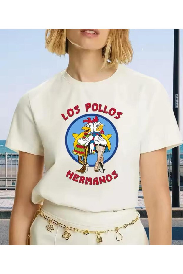 Los Pollos Printed Women's Cotton Combed Crew Neck White T-Shirt