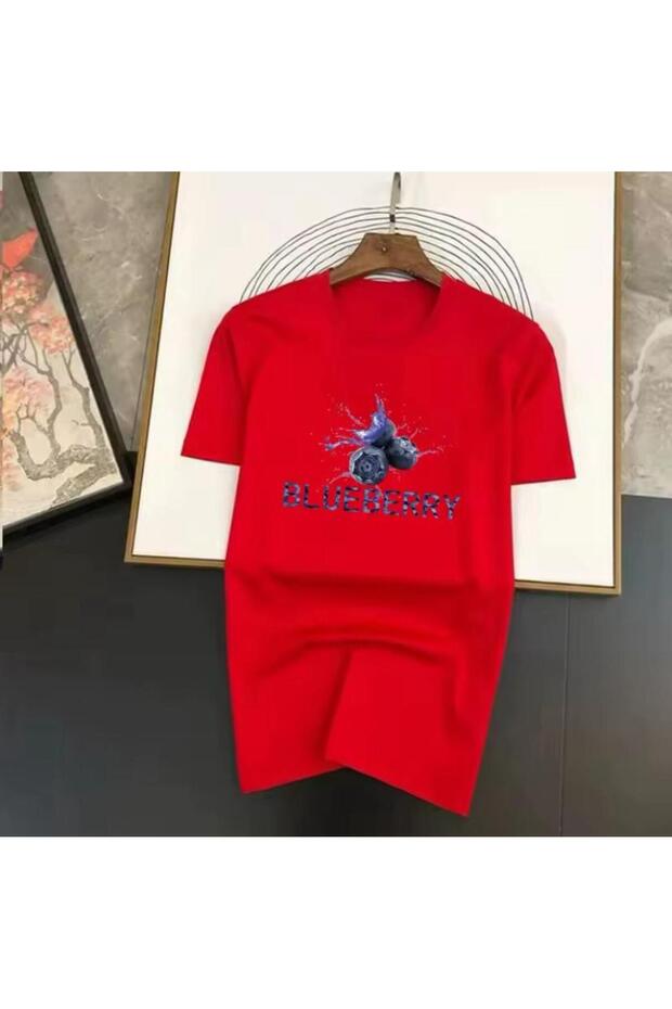 Blueberry Printed Women's Cotton Combed Crew Neck Red T-Shirt