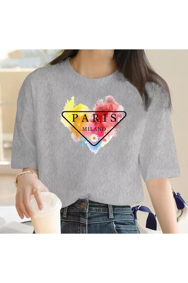 Colorful Paris Summer Printed Women's Cotton Combed Crew Neck Grey T-shirt