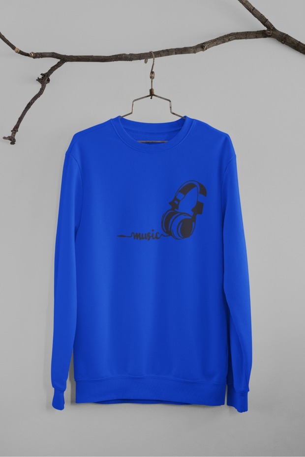 Unisex Long Sleeve 2 Thread Black Headphones Transfer Printed Crew Neck Sweatshirt