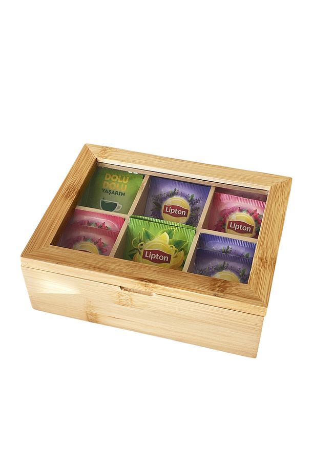 Bambu 6 Bölmeli Çay Kutusu -%100 Bambu Mıknatıslı Kapak 21x16,5 x7cm - 5