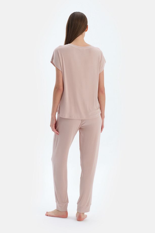 Açık Pembe Bisiklet Yaka Jogger Paça Viskon Kaşkorse Pijama Takımı - 2