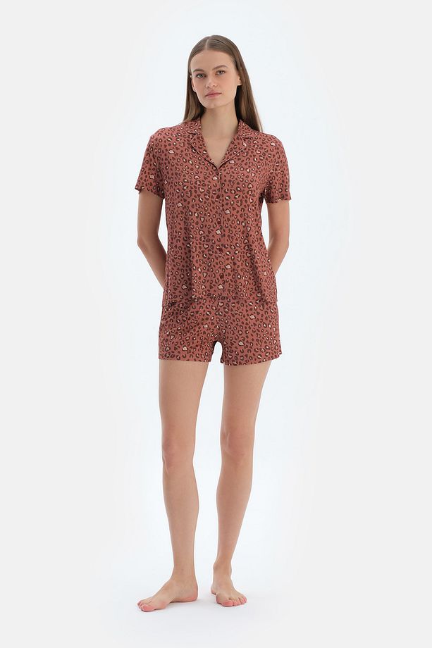 Kiremit Leopar Desenli Gömlek Şort Pijama Takımı - 1