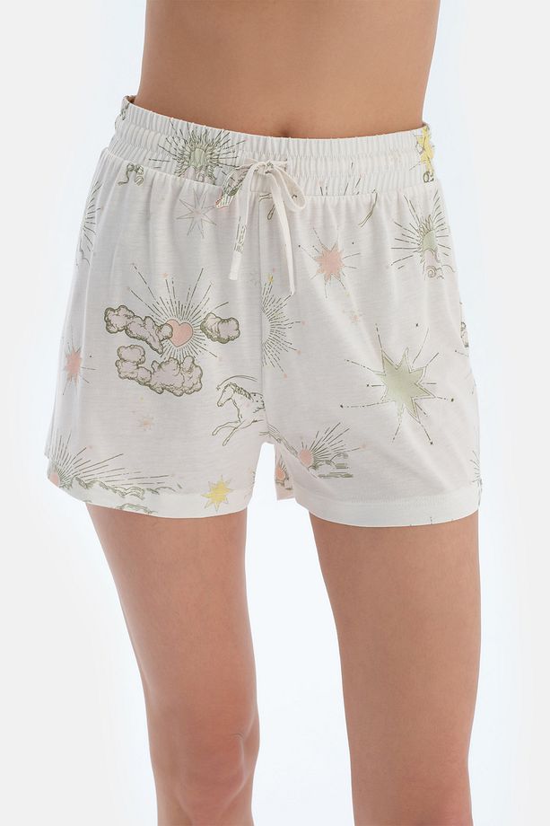 Ekru Bulut Desenli Gömlek Şort Pijama Takımı - 6
