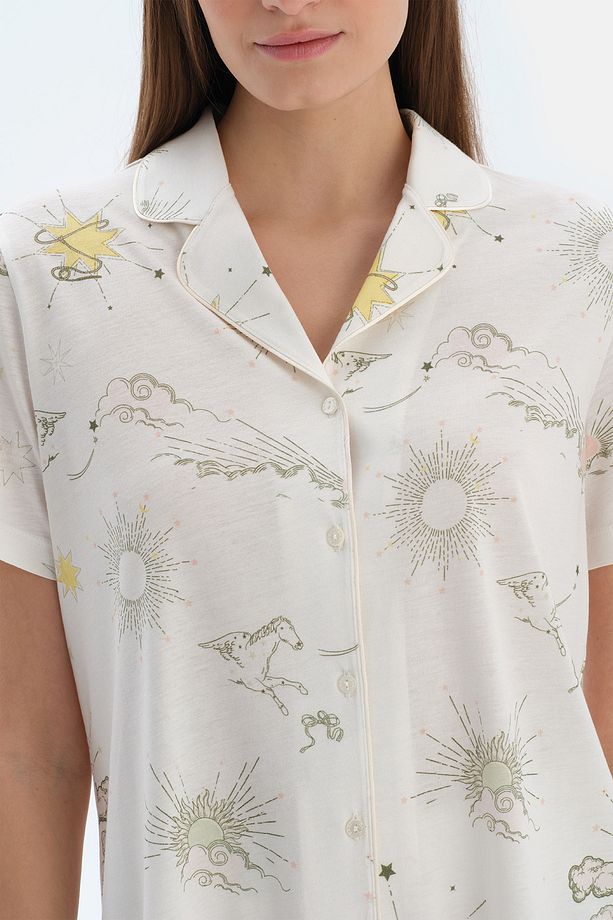 Ekru Bulut Desenli Gömlek Şort Pijama Takımı - 5