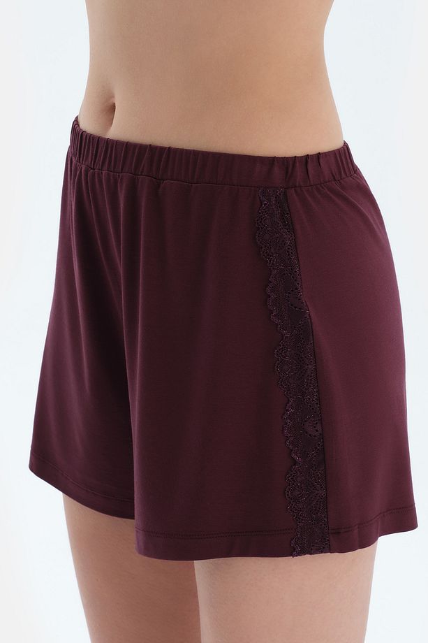 Mürdüm Dantel Detaylı Kısa Kollu Viskon Tişört Şort Pijama Takımı - 5