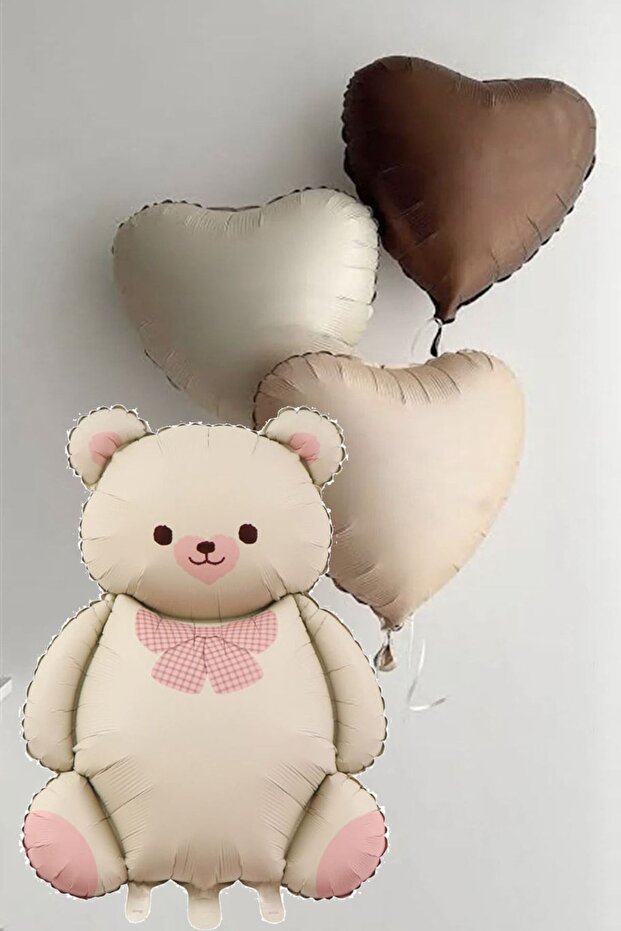 Retro Bow Tie Bear Cream and 3 Pieces Retro Heart Foil Balloon Set