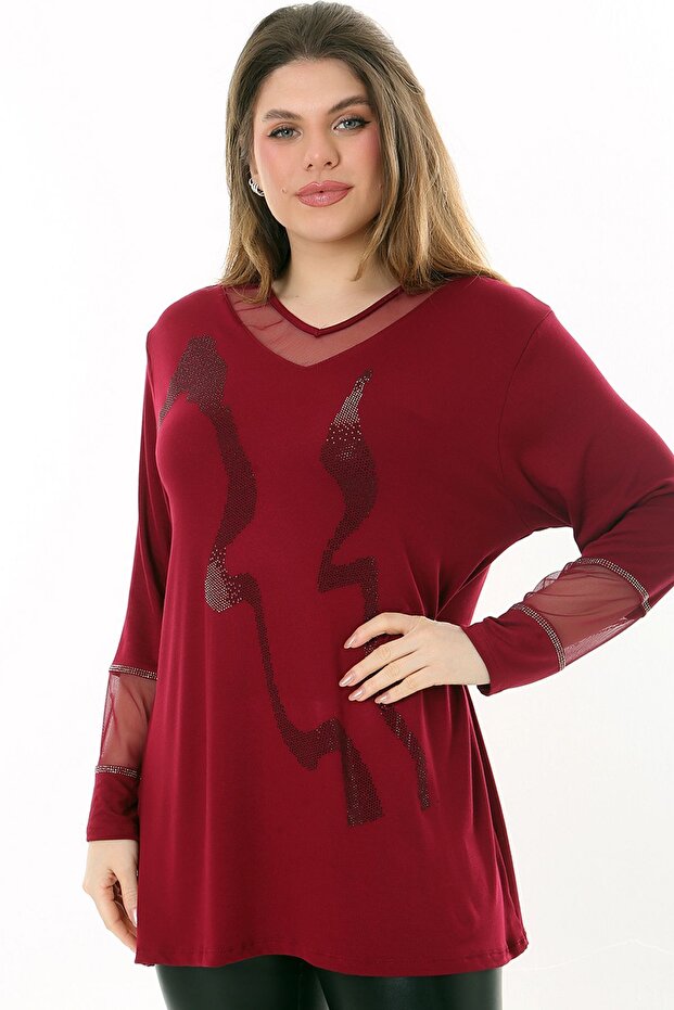 V-neck Stone Embroidered Comfortable and Flowy Fit Long Sleeve Plus Size Blouse with Tulle Detail on Collar and Sleeve