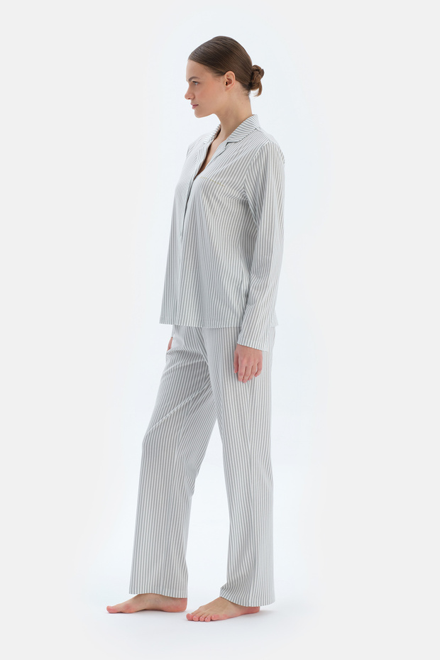Ada Çayı Çizgili Basıc Gömlek Pantolon Pijama Takımı - 3