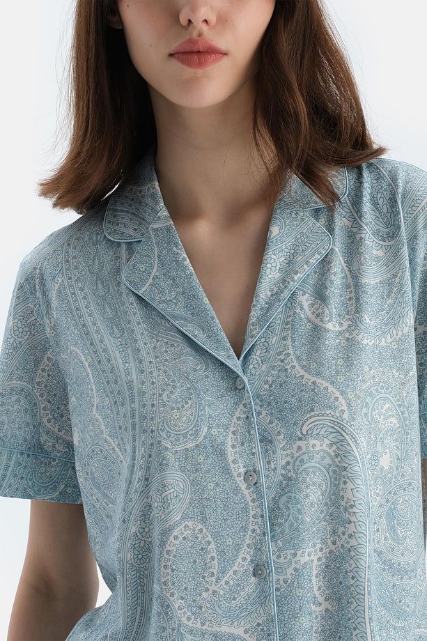 Açık Mavi Şal Desenli Penye Modal Gömlek Şort Pijama Takımı - 4