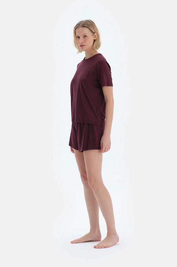 Mürdüm Dantel Detaylı Kısa Kollu Viskon Tişört Şort Pijama Takımı - 3