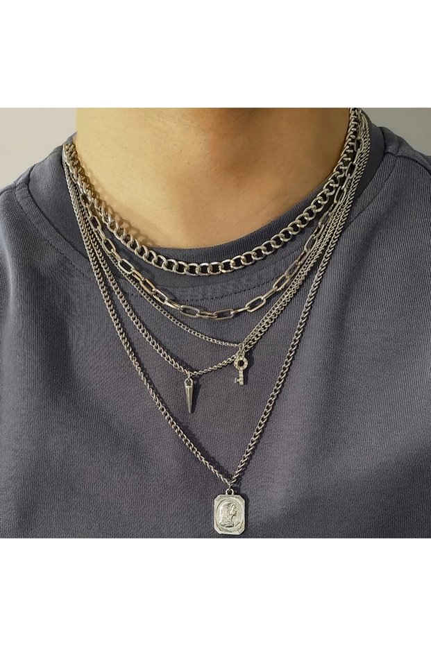 X01018 Salircon Punk Multilayer Chains Chunky Necklace Set Goth Spike Rivet Portrait Key Pendant Nec
