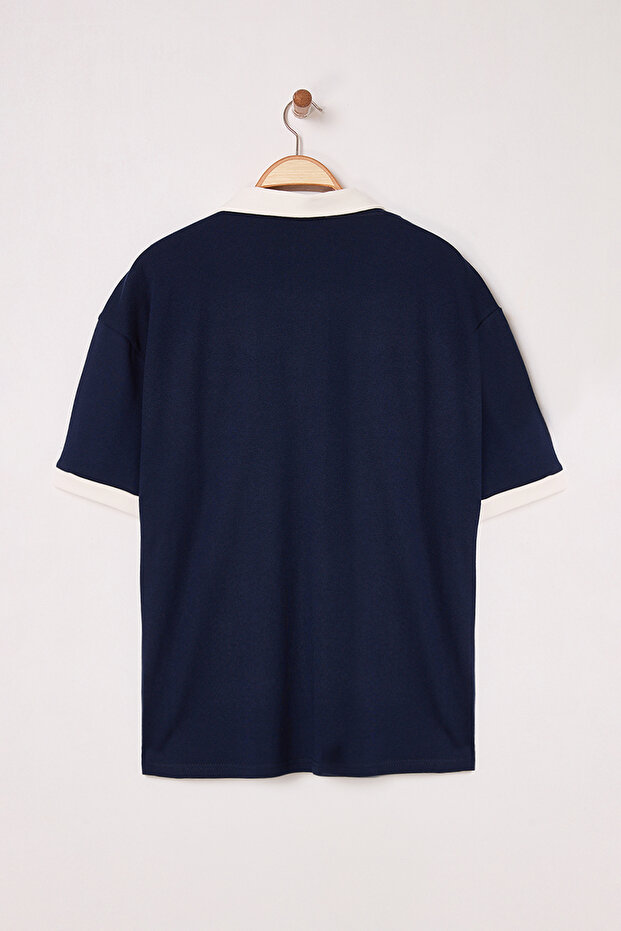 Lacivert Oversize/Geniş Kesim Nakış Detaylı Polo Yaka T-shirt TMNSS25PO00013 - 8