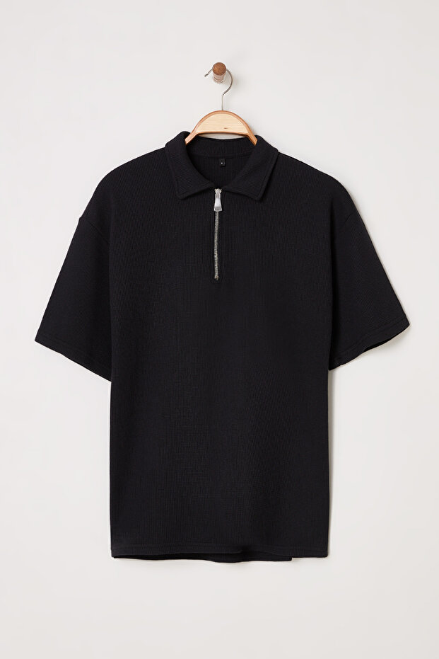 Siyah Oversize/Geniş Kesim Dokulu Fermuarlı Polo Yaka T-shirt - 5