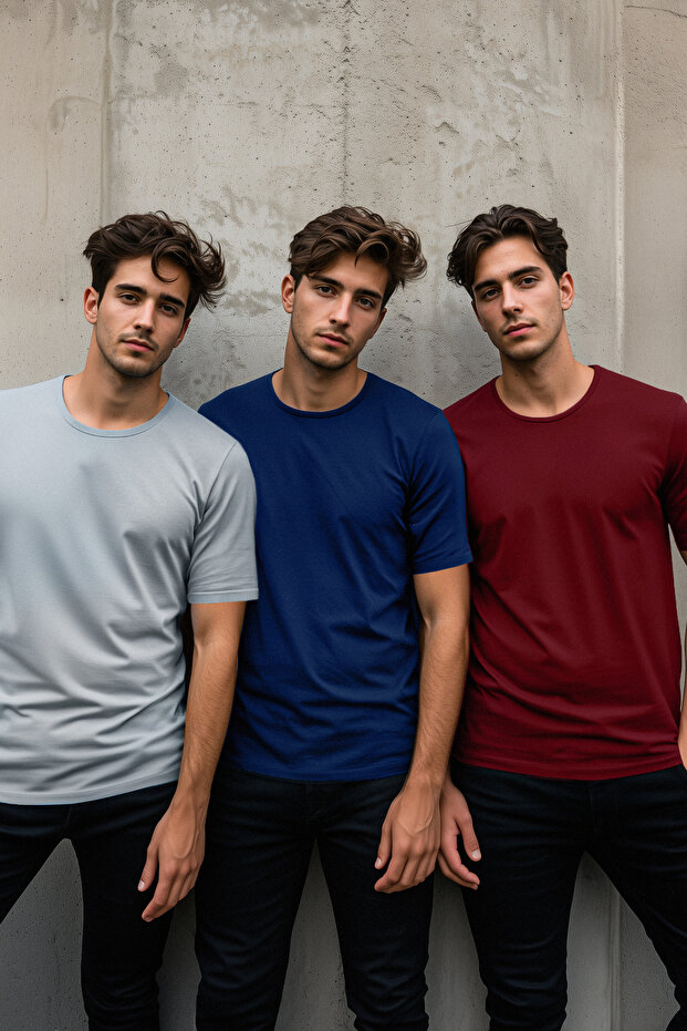 Bordo-Gri-Lacivert 3'lü Paket Slim/Dar Kesim Basic %100 Pamuk Tok Kumaş T-shirt TMNSS19BO0007 - 2