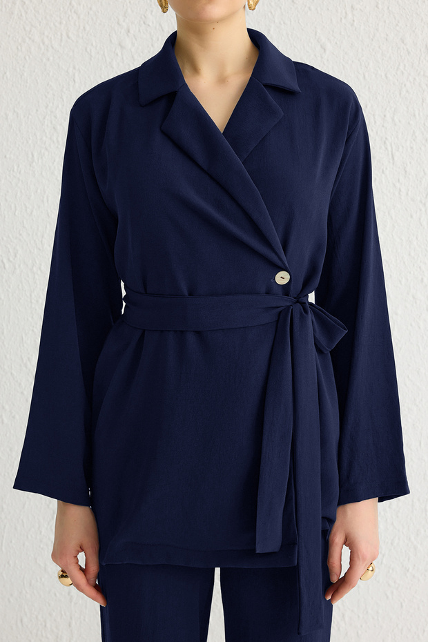Lacivert Kuşaklı Kruvaze Dökümlü Kumaş Blazer Pantolon Dokuma Alt-Üst Takım TCTSS25US00001 - 3