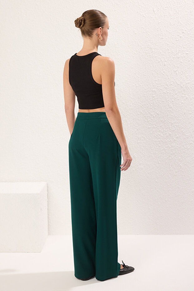 Yeşil Wide Leg/Geniş Paça Pilili Dokuma Kumaş Pantolon TWOSS21PL0189 - 4