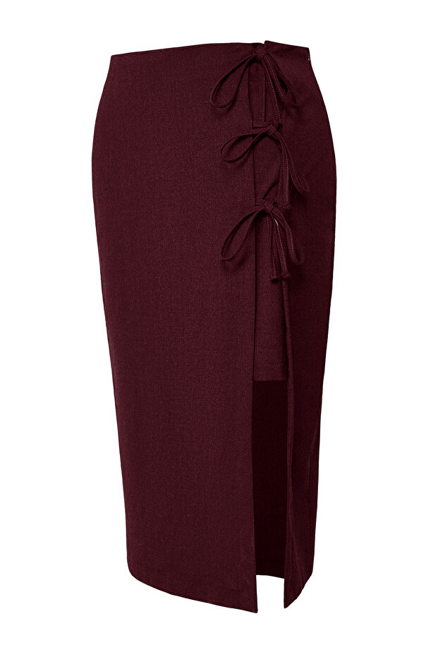 Bordo Fiyonk/Bağcıklı Midi Dokuma Büyük Beden Etek TBBAW25AZ00029 - 7