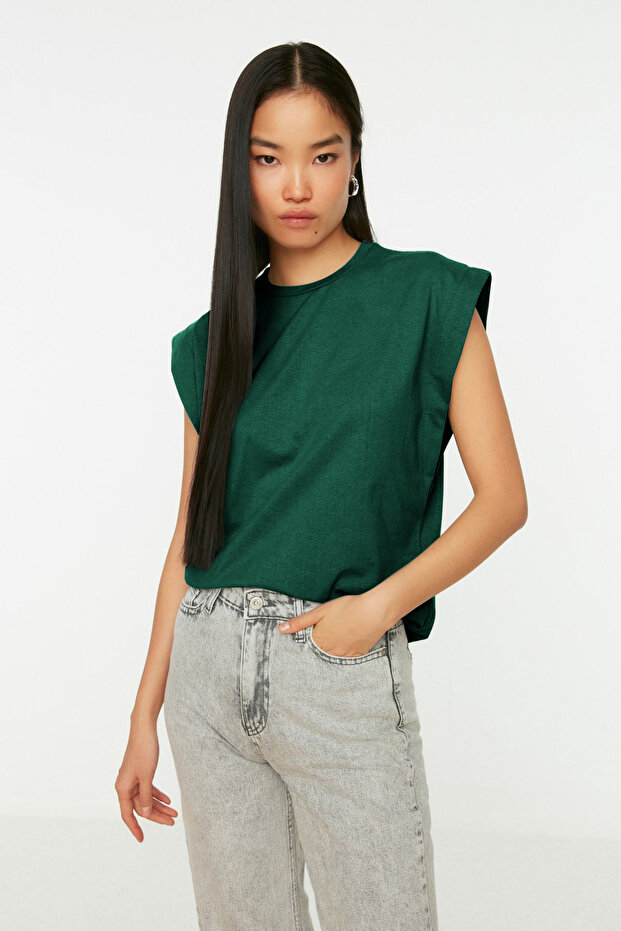 Zümrüt Yeşili Detaylı %100 Pamuk Vatka Görünümlü Basic Bisiklet Yaka Örme T-Shirt TWOSS20TS0021 - 5