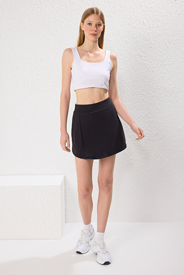 Siyah Fırçalı Soft Kumaş 2 Katmanlı İçi Şortlu Yırtmaçlı Tenis Örme Spor Şort Etek THMSS25SR00003 - 2
