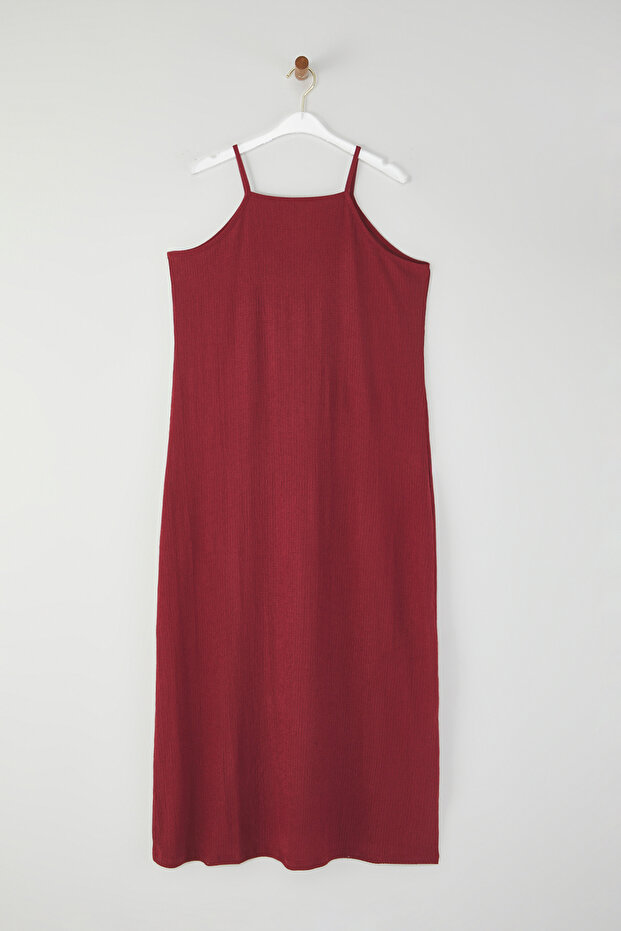 Bordo Halter Yaka Bürümcük Dokulu Kumaş Maxi Boy Örme Büyük Beden Elbise TBBSS25AH00006 - 5