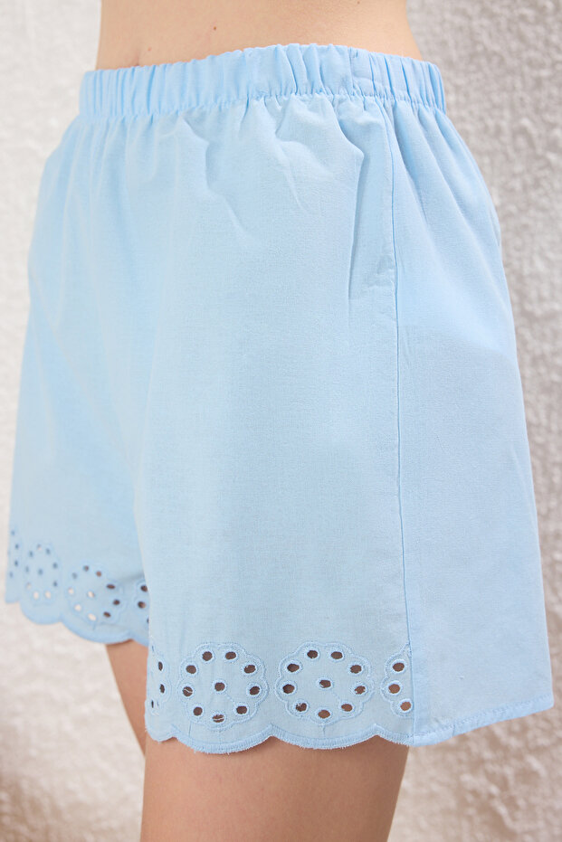 Mavi %100 Pamuklu Kendinden Desenli İp Askılı Poplin Şortlu Dokuma Pijama Takımı THMSS25PT00258 - 3
