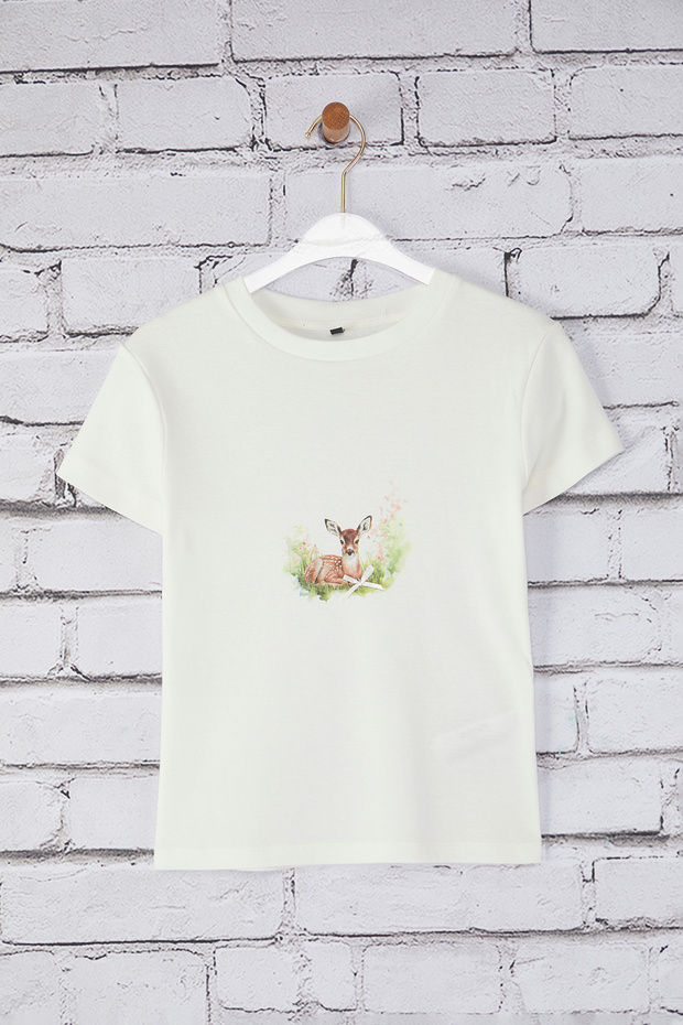 Ekru Geyik Baskılı Fitted/Vücuda Oturan Örme T-Shirt TWOSS25TS00095 - 5