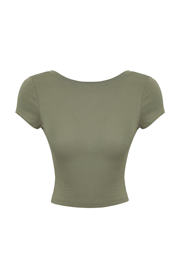 Haki Sırt Dekolteli Crop Pamuklu Esnek Örme Bluz TWOSS23BZ00912 - 5