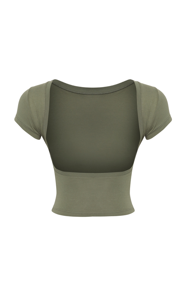 Haki Sırt Dekolteli Crop Pamuklu Esnek Örme Bluz TWOSS23BZ00912 - 6