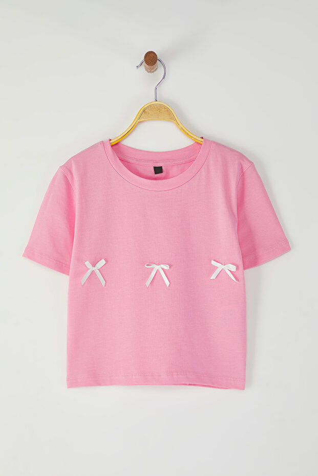 Pembe Fiyonk Detaylı Crop Kısa Kollu Bisiklet Yaka Esnek Örme T-Shirt TWOSS24TS00248 - 5
