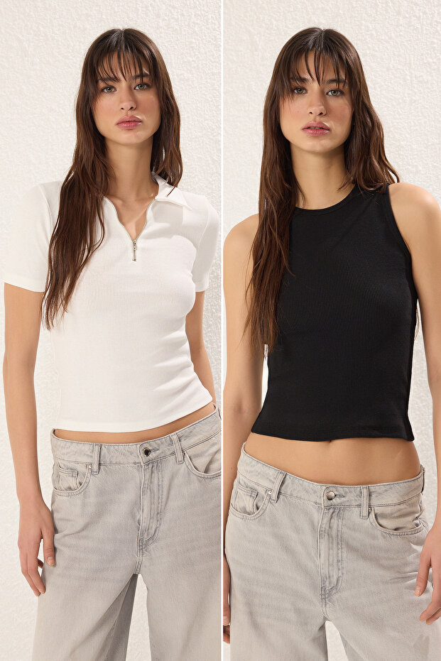 Ekru-Siyah 2'li Paket Fitilli Esnek Vücuda Oturan Örme Bluz TWOSS25BZ00439 - 2