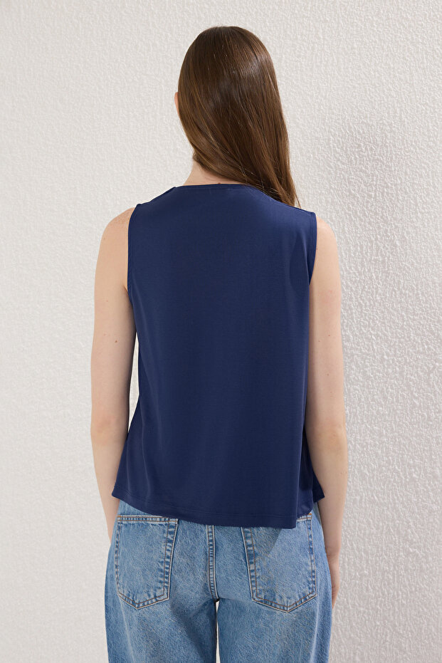 Lacivert More Sustainable Modal Akışkan Kumaşlı Regular Kalıp Pilili Örme Bluz TWOSS25BZ00401 - 6