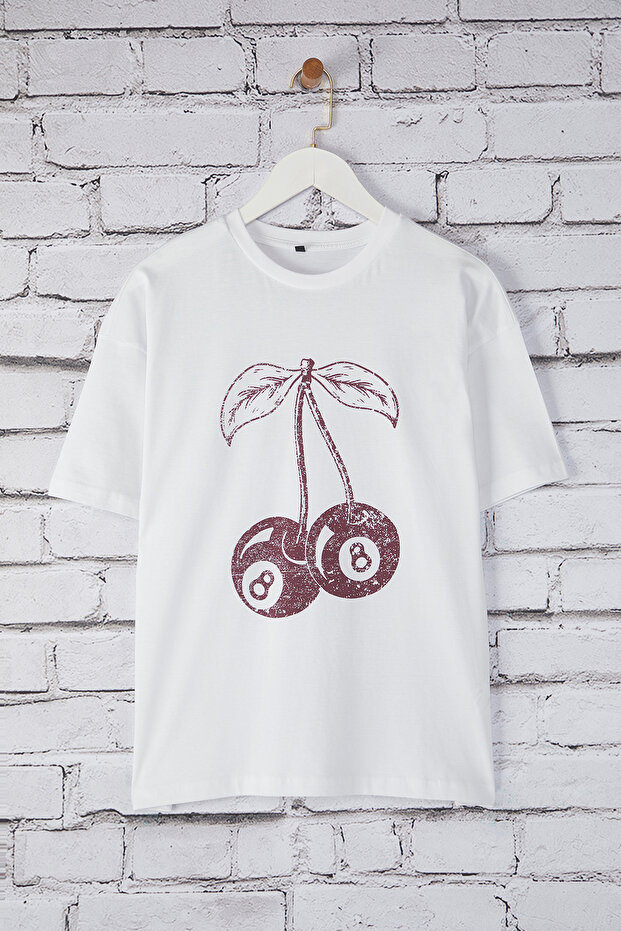 Ekru Kalın Pamuklu Kiraz Baskılı Oversize/Geniş Kalıp Örme T-Shirt TWOSS25TS00122 - 5