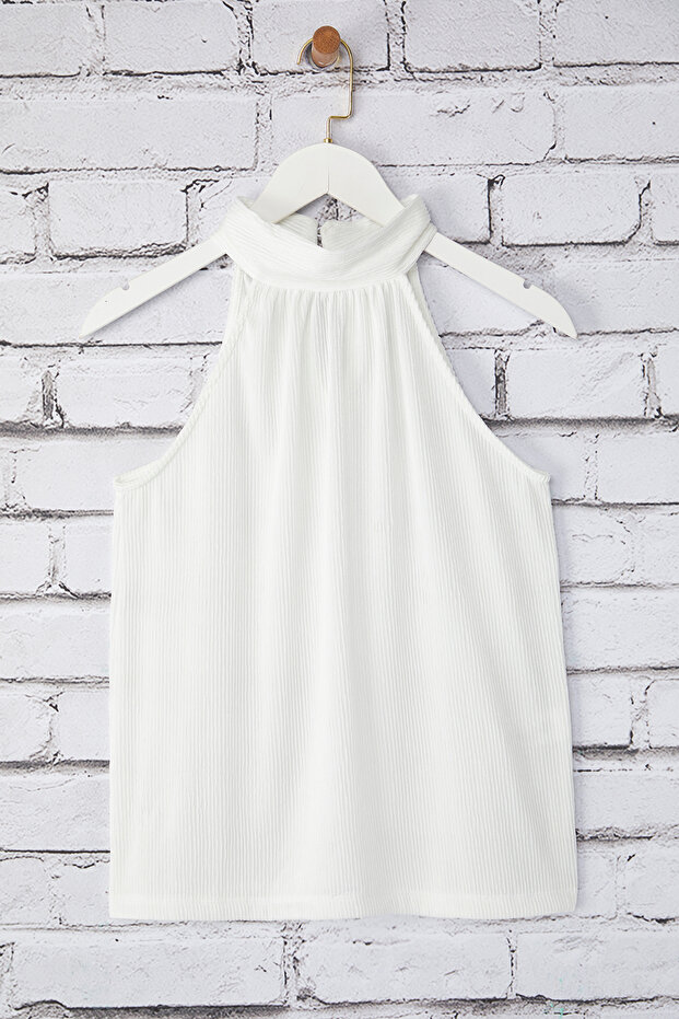 Ekru Regular/Normal Kalıp Dik Yaka Fit Pilise Esnek Örme Bluz TWOSS23BZ00952 - 5