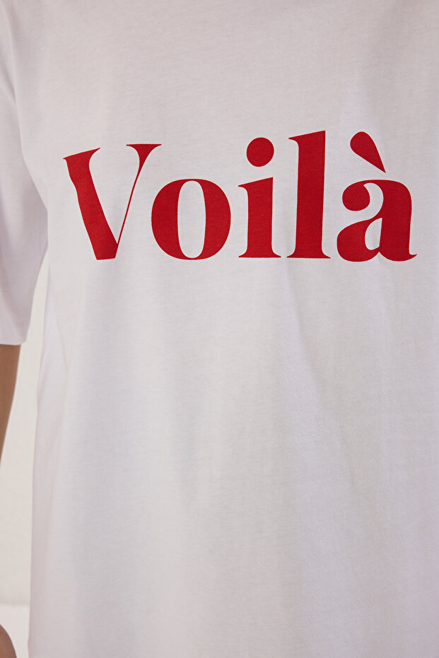 Ekru %100 Pamuk Slogan Baskılı Oversize/Geniş Kesim Örme T-Shirt TWOSS25TS00179 - 3