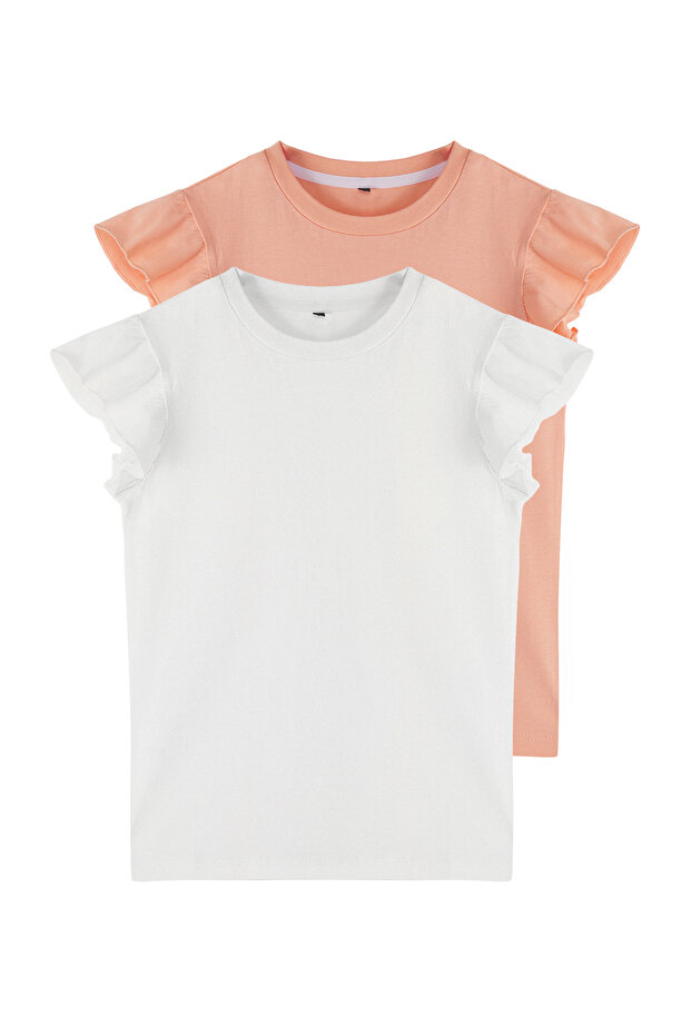 Somon-Ekru 2'li Kız Çocuk %100 Pamuk Basic Fırfırlı Örme T-Shirt TKDSS25TS00011 - 2