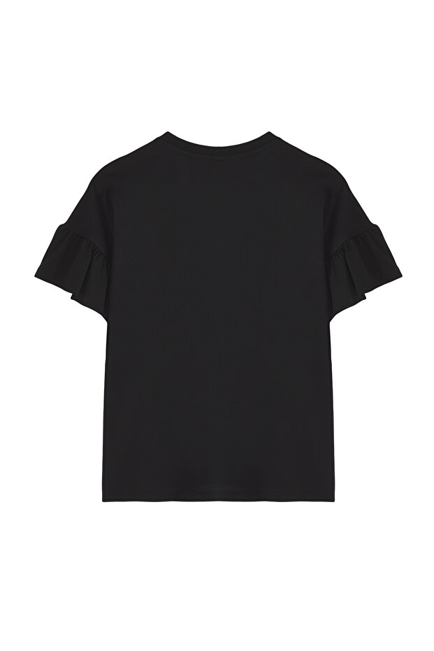 Siyah %100 Pamuk Fırfır Detaylı Basic Bisiklet Yaka Örme T-Shirt TWOSS22TS2429 - 12
