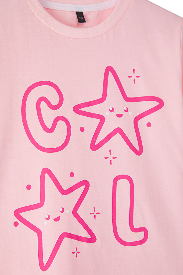 Taş-Pembe 2'li Kız Çocuk %100 Pamuk Slogan Baskılı Kısa Kol Örme T-Shirt TKDSS25TS00013 - 2