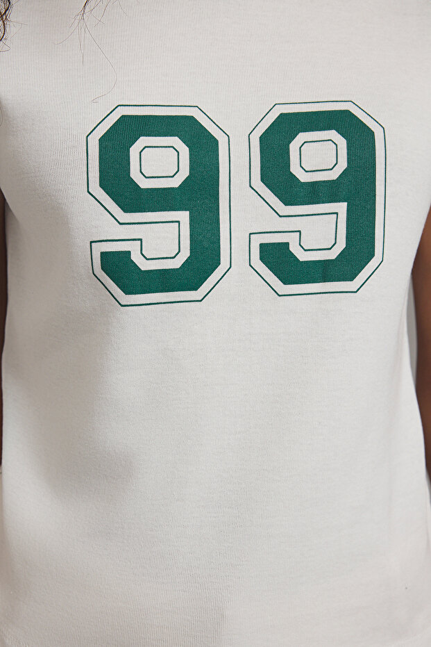 Zümrüt Yeşili Renk Bloklu Slogan Baskılı Fitted/Vücuda Oturan Örme T-Shirt TWOSS25TS00096 - 3