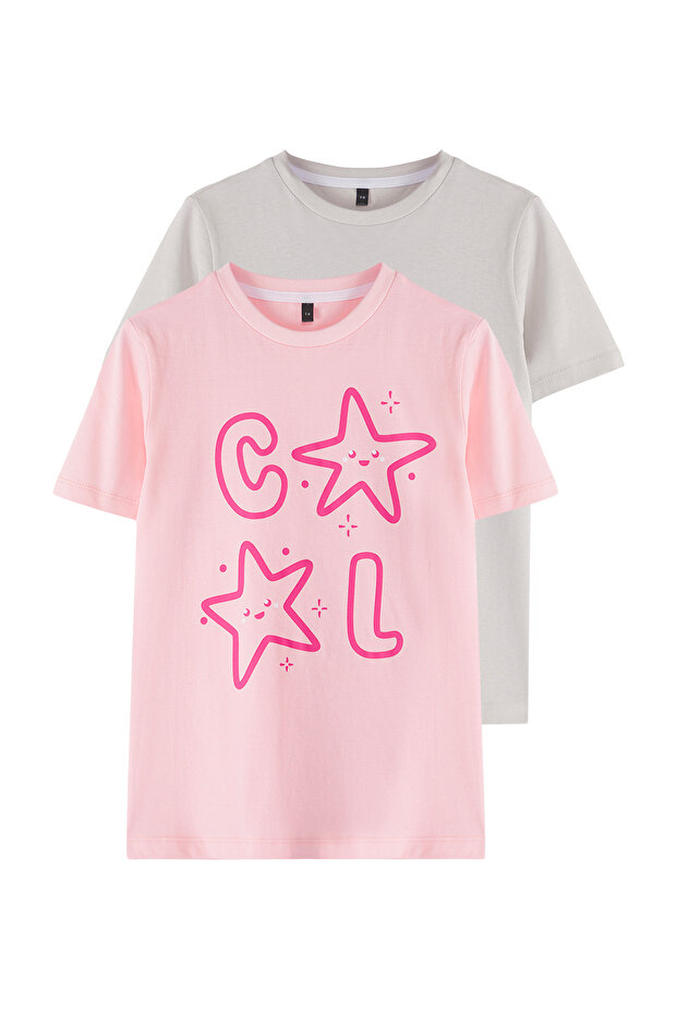 Taş-Pembe 2'li Kız Çocuk %100 Pamuk Slogan Baskılı Kısa Kol Örme T-Shirt TKDSS25TS00013 - 1