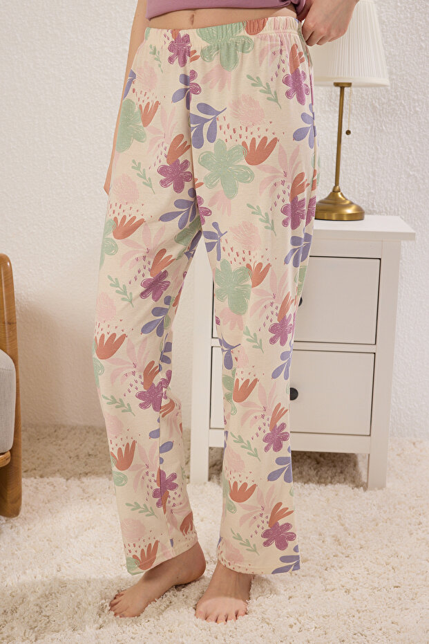 Gül Kurusu %100 Pamuklu Çiçekli Sloganlı Örme Pijama Takımı THMSS25PT00378 - 3