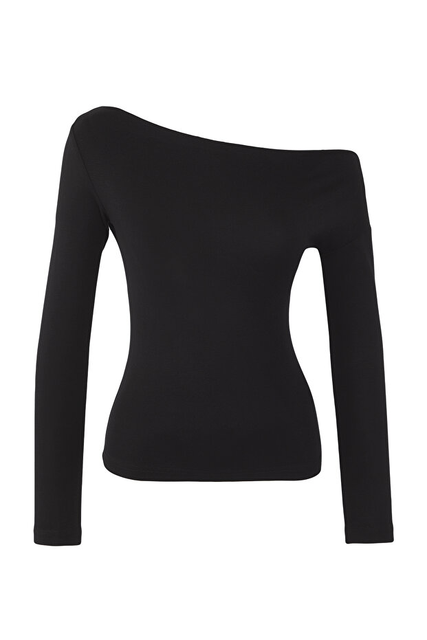 Siyah Düz Yumuşak Kumaşlı Fitted/Vücuda Oturan Kayık Yaka Örme Bluz TWOAW24BZ00227 - 7