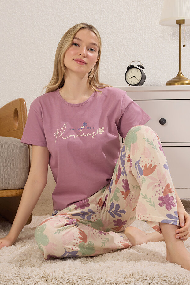 Gül Kurusu %100 Pamuklu Çiçekli Sloganlı Örme Pijama Takımı THMSS25PT00378 - 2