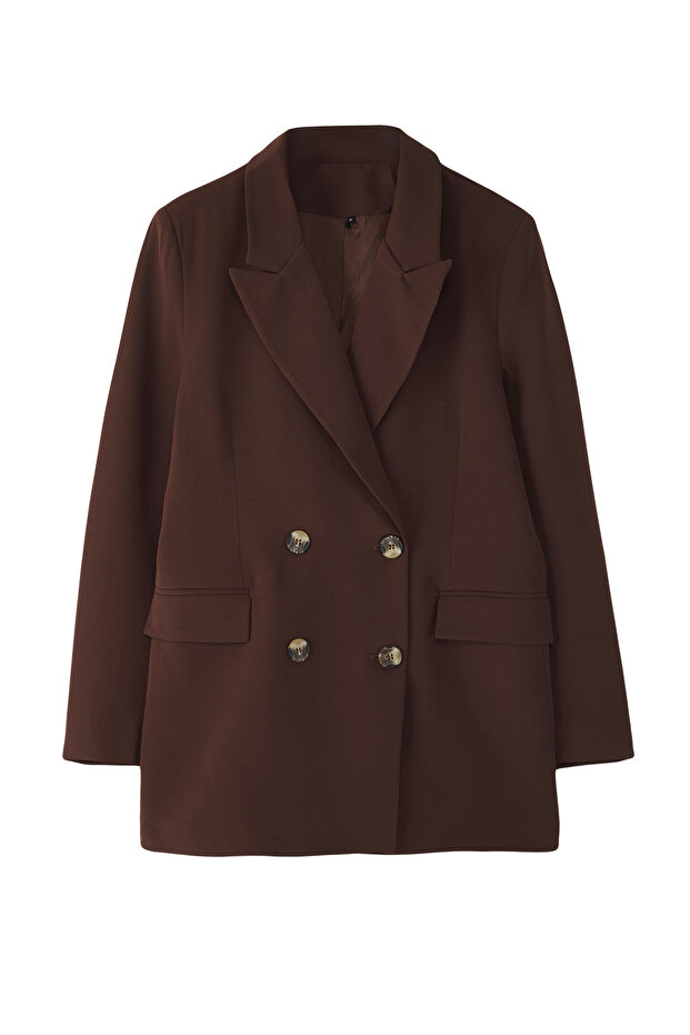 Koyu Kahverengi Astarlı Kruvaze Kapama Dokuma Blazer Ceket TWOAW21CE0145 - 9