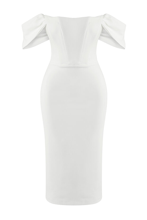 Bridal Beyaz Vücuda Oturan Korse Detaylı Dokuma Şık Abiye Gece Mezuniyet Elbisesi TPRSS22EL00097 - 7